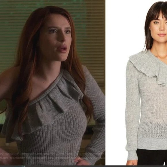 REBECCA TAYLOR One Shoulder Alpaca Wool Ruffle Knit Pullover Sweater Grey Medium - Picture 4 of 12